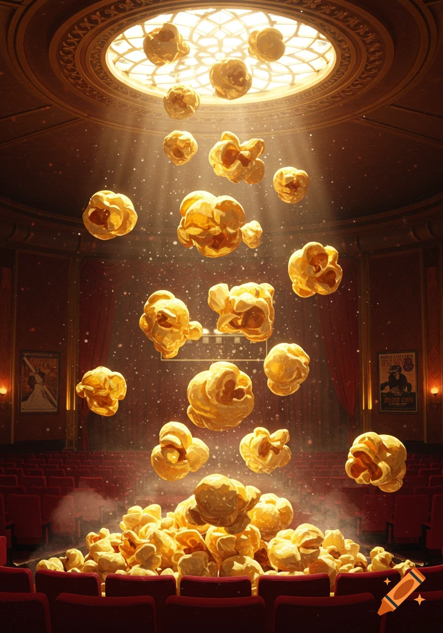 Giant popcorn floats and piles up in a grand cinema with a spotlight on the ceiling.