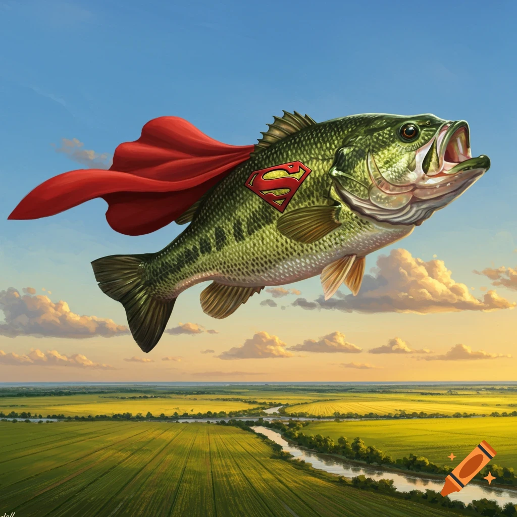 A large mouth bass wearing a red Superman cape and 'S' emblem flies over a green rural landscape with a winding river under a blue sky.