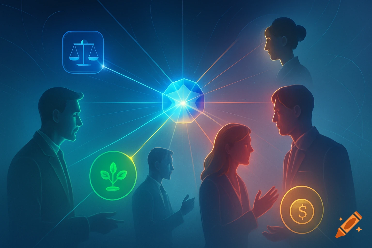 Stylized illustration of business professionals surrounding a glowing diamond with icons for finance, law, and growth, in a blue abstract setting.