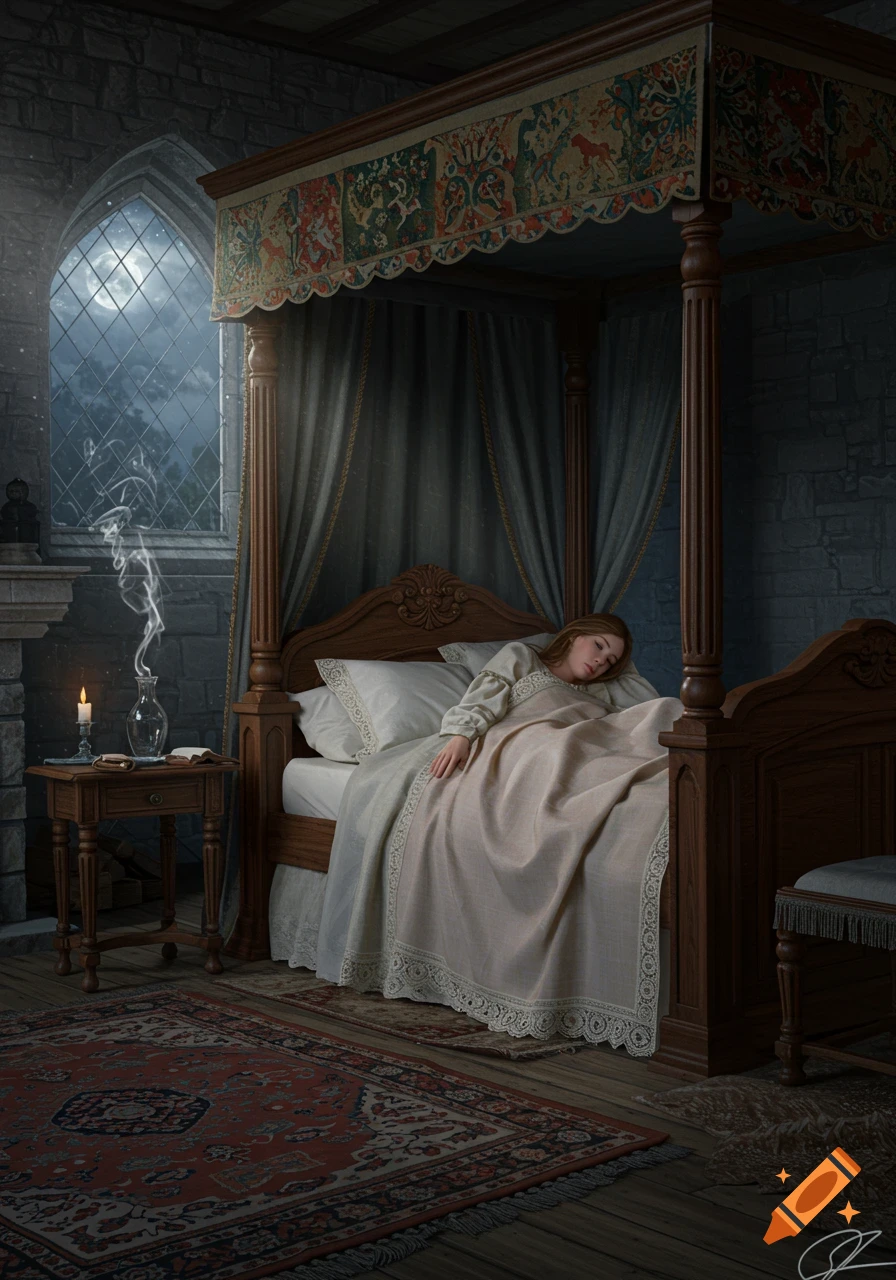 A medieval woman sleeps in an ornate canopy bed in a stone castle room, moonlight shines through a Gothic window.