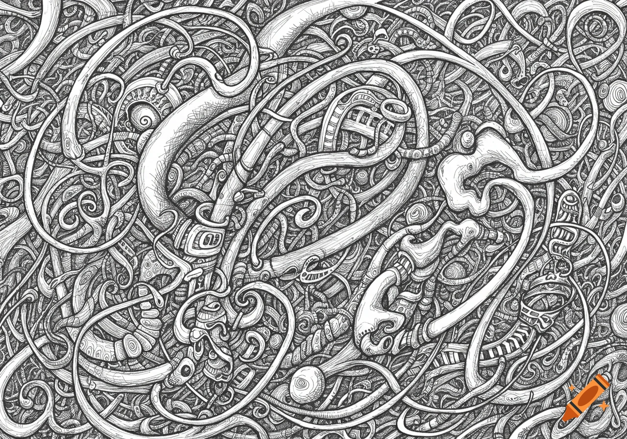 An intricate, abstract black and white line drawing composed of interwoven tubes, coils, and organic shapes.