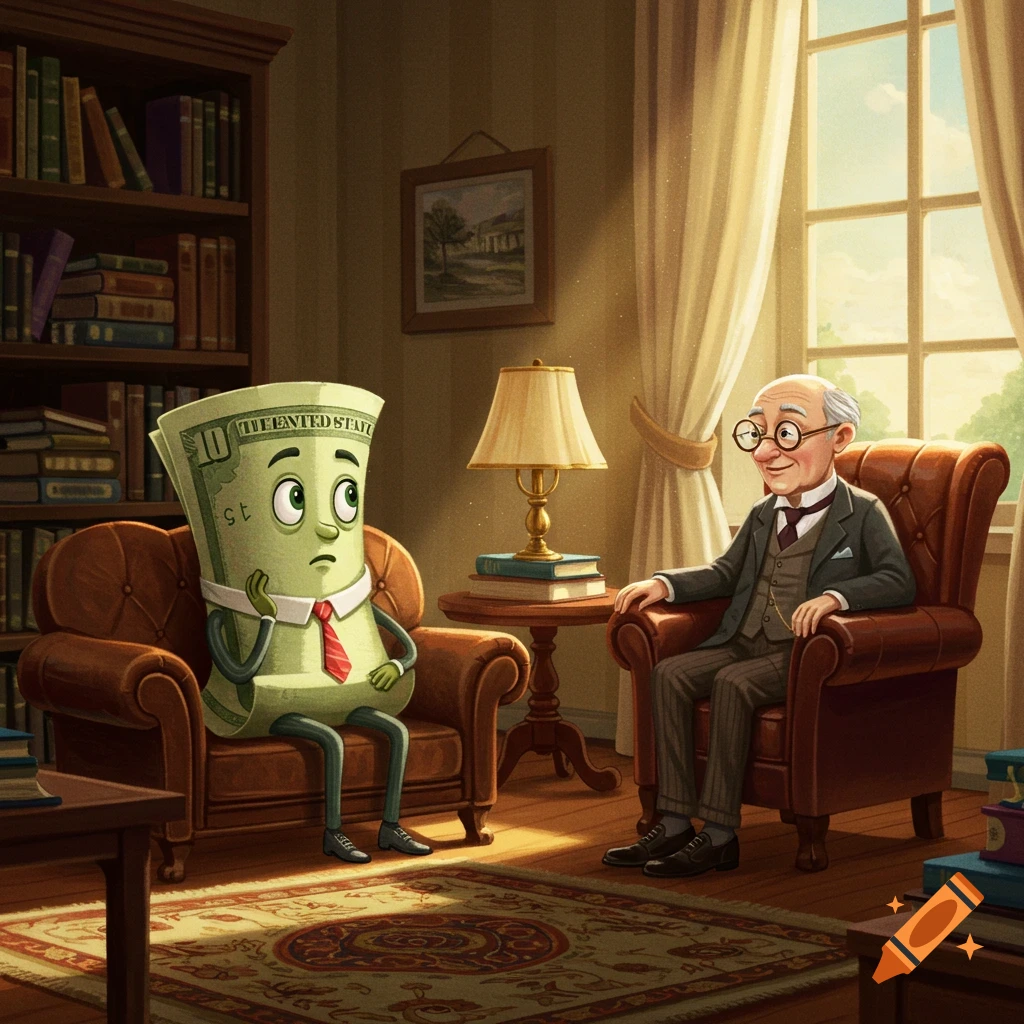 A worried cartoon dollar bill character sits in an armchair, consulting a smiling elderly man in a suit, who is also sitting in an armchair in a cozy room with bookshelves and a window.