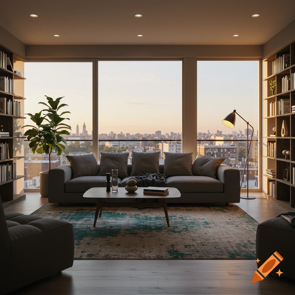 Modern living room with a gray sofa, coffee table, and bookshelves, overlooking a city skyline at sunset from a large window.