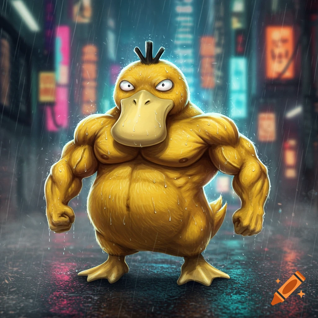 A buff, muscular Psyduck stands in a rainy, neon-lit city street at night, with water drops on its yellow body.