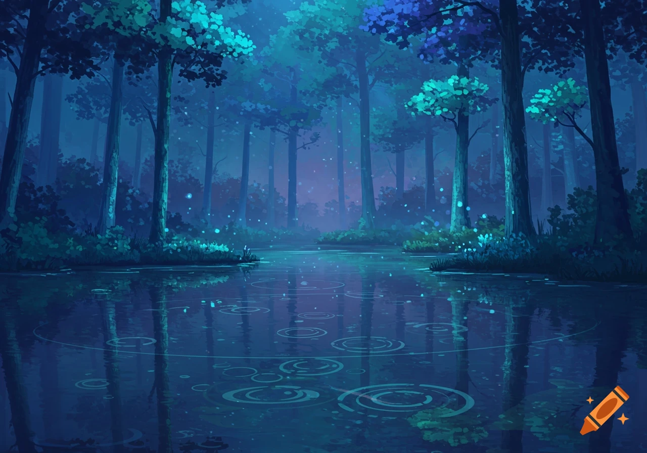 Illustrated tranquil forest at dusk with tall trees and glowing teal and lavender leaves reflected in a lake with subtle geometric ripples.