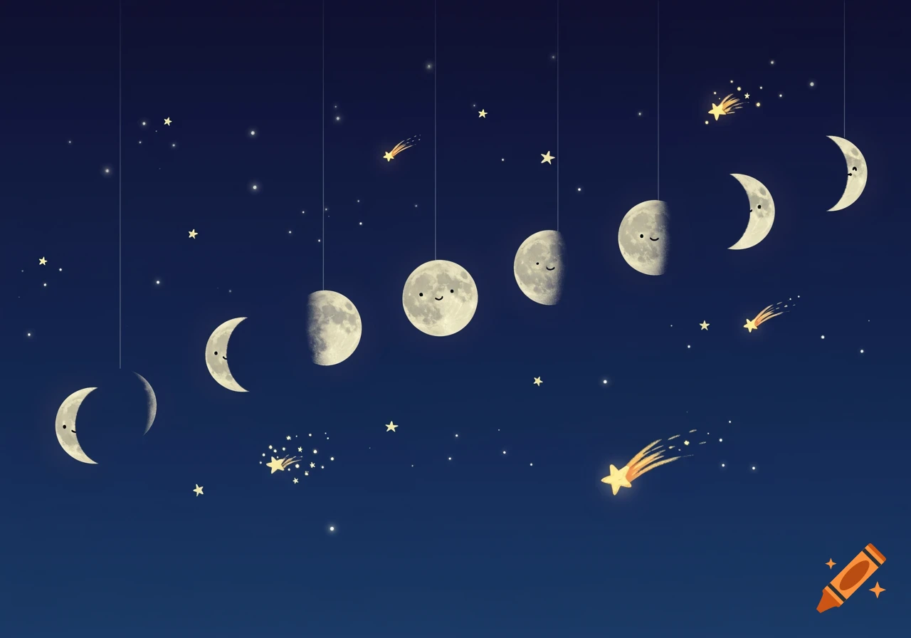 Cute cartoon illustration showing the phases of the moon, each with a smiling face, hanging in a dark blue starry night sky with shooting stars.