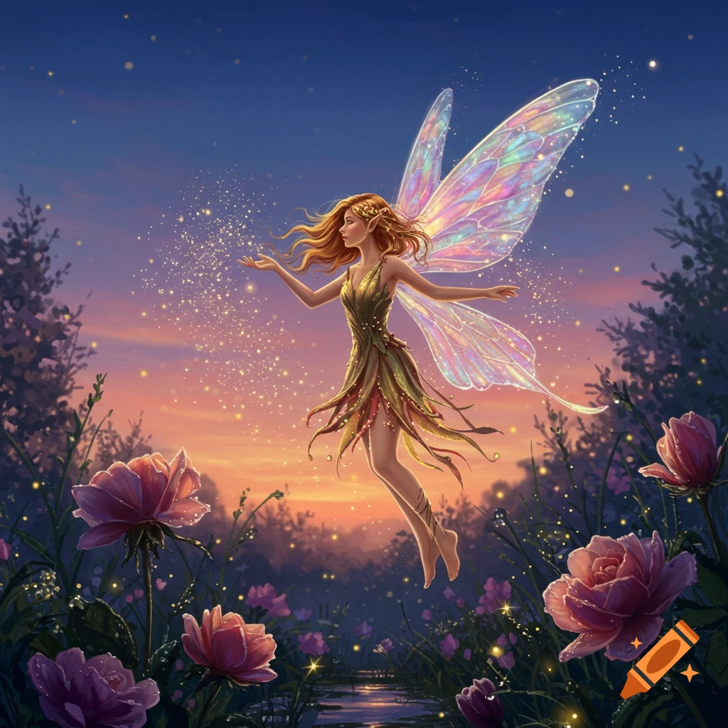 A beautiful fairy with shimmering, iridescent wings and a leaf dress flies through an enchanted garden at sunset, creating sparkling magic.