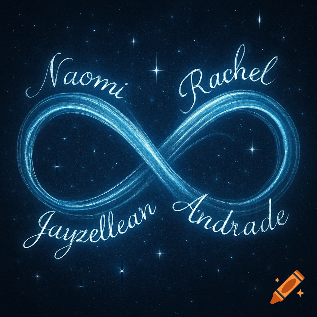 A glowing blue infinity sign against a dark blue starry background, with names 'Naomi', 'Rachel', 'Jayzellean', and 'Andrade' written in a white script font around it.