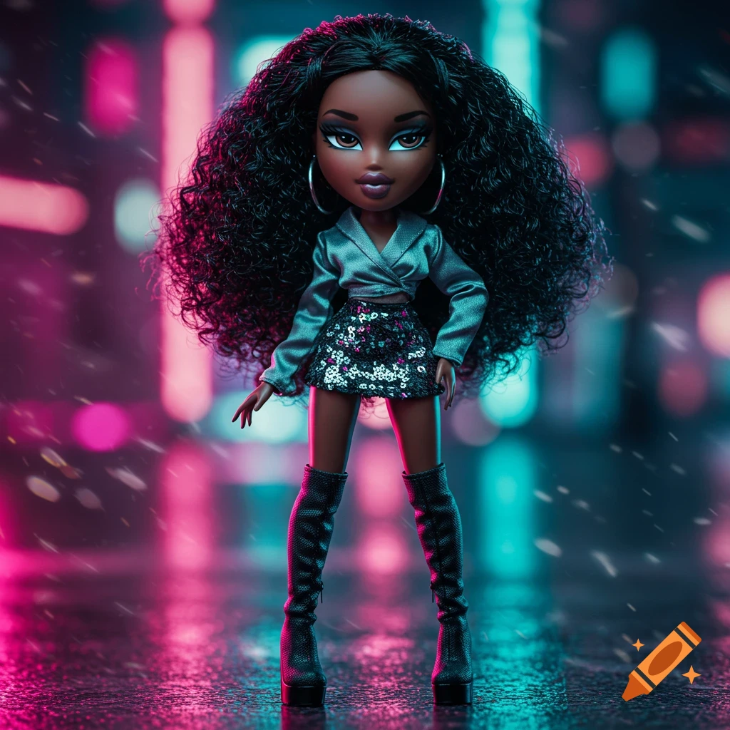 A Black Bratz doll with curly hair, wearing a metallic top, sequin skirt, and knee-high boots against a blurred neon city background.