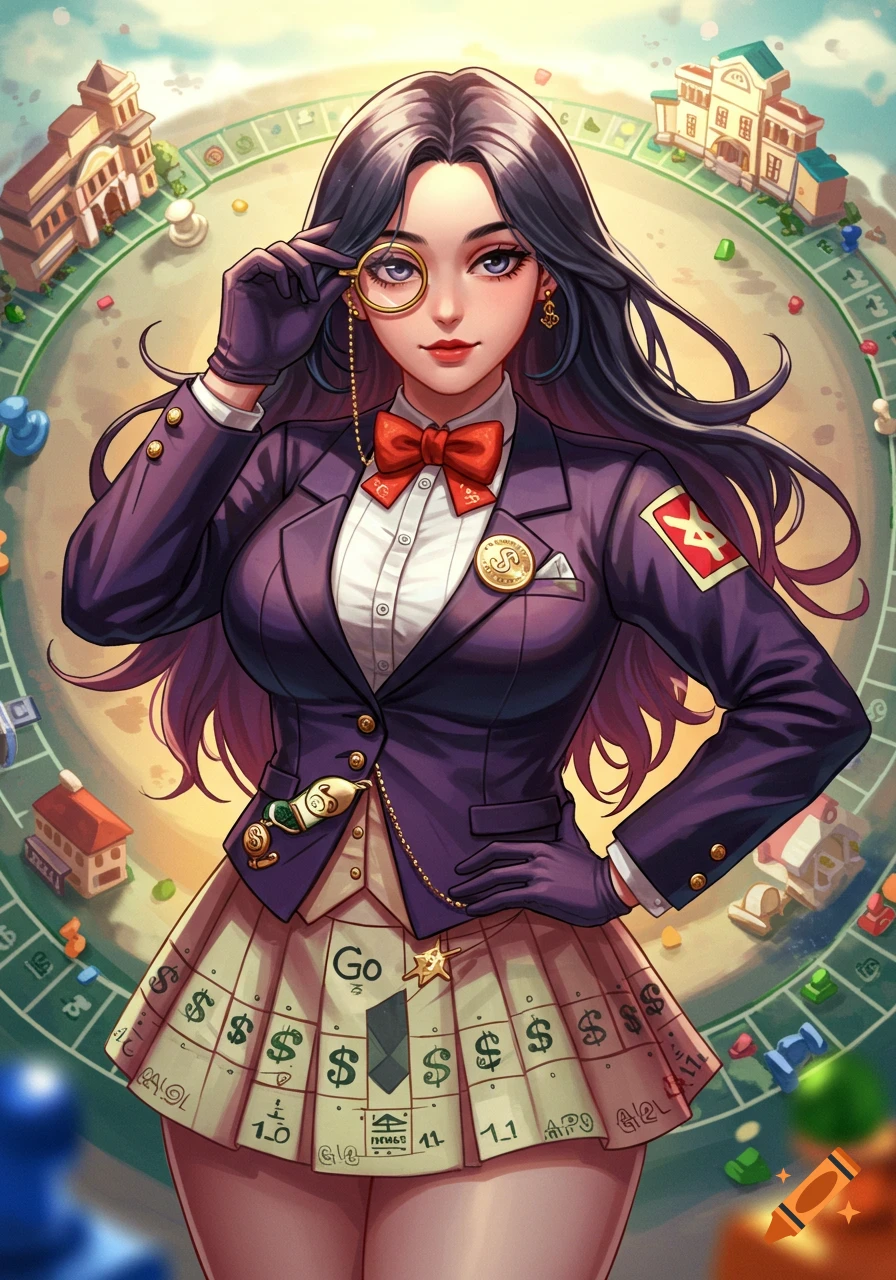An anime girl in a Monopoly-themed suit, shirt, and short skirt, holding a monocle, against a background of a Monopoly board.