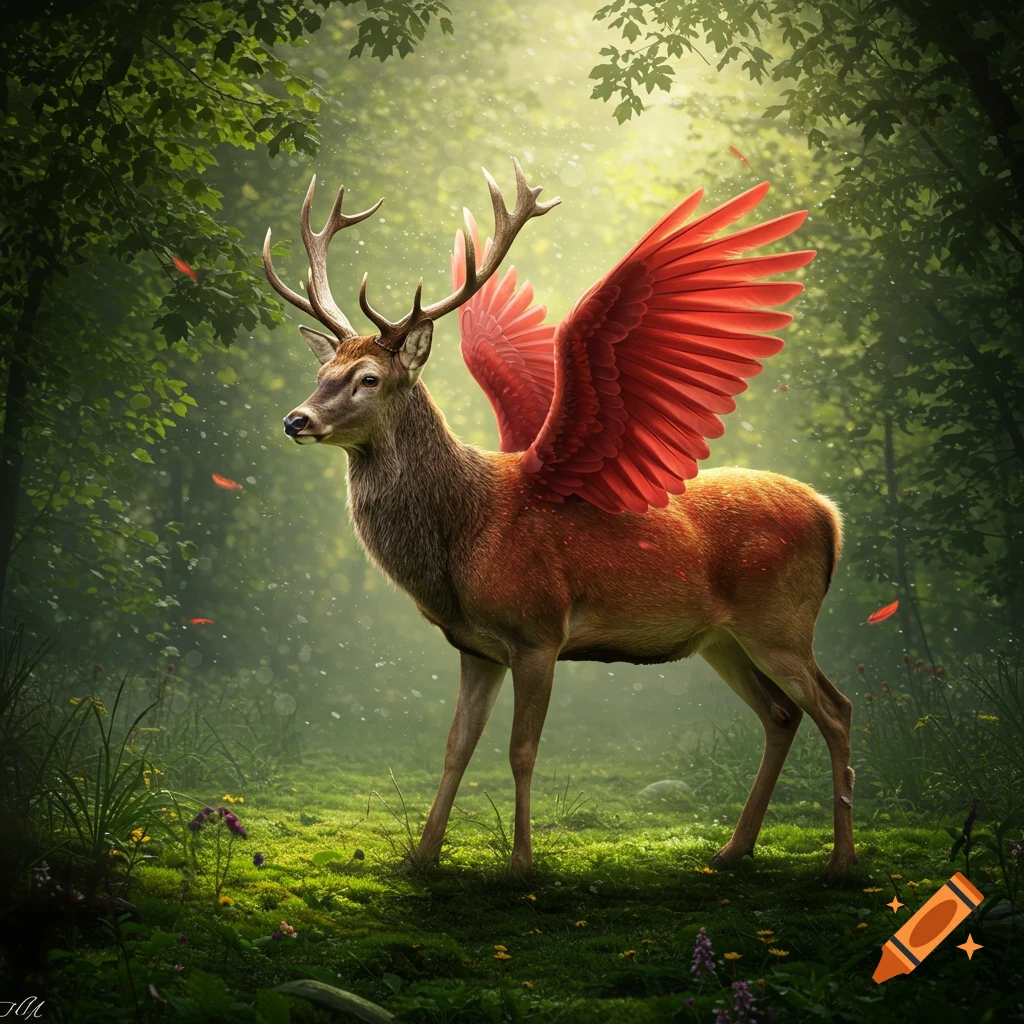 A majestic deer with large red wings stands in an enchanting, sun-dappled forest.