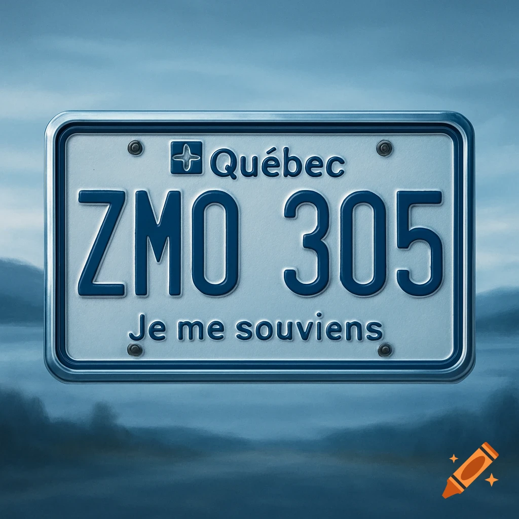 A photorealistic Quebec license plate with the number ZMO 305 and motto 'Je me souviens', set against a blurred blue background.