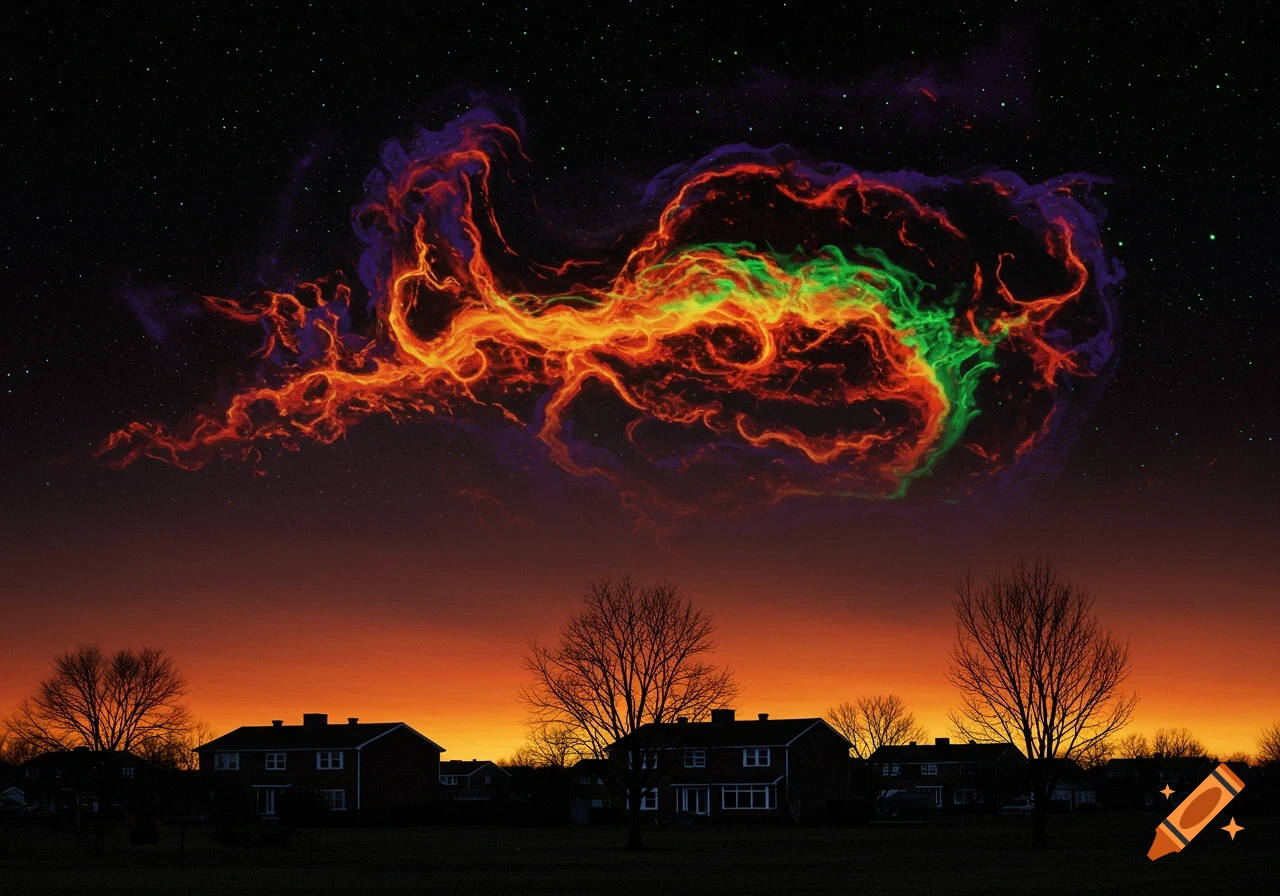 A vibrant, multi-colored cosmic horror nebula hangs in a starry night sky above a silhouetted suburban neighborhood at dusk.