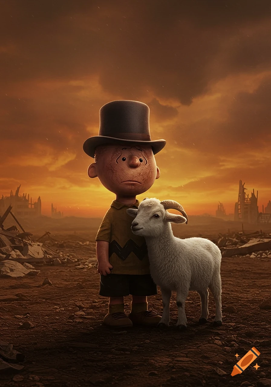 Photorealistic Charlie Brown in a top hat stands in a desolate, apocalyptic landscape with an orange sky, gently leaning against a white goat.