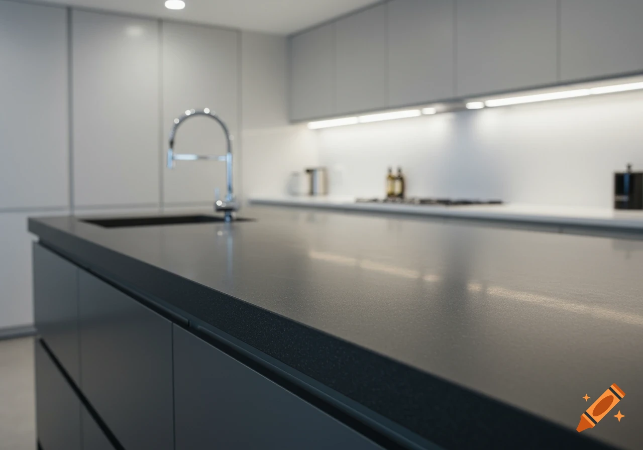A close-up shot of a dark grey kitchen benchtop with a chrome faucet and sink in a modern kitchen.