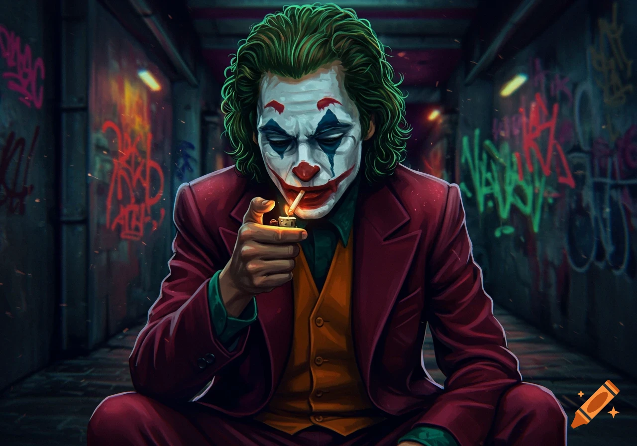 Illustration of the Joker, with green jerry curl hair and clown makeup, lighting a cigarette in a dark, graffiti-covered alley.
