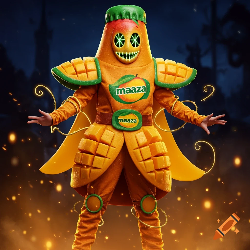 A detailed mango Maaza Halloween costume with glowing eyes and segmented fruit armor, standing in a dark, magical setting.