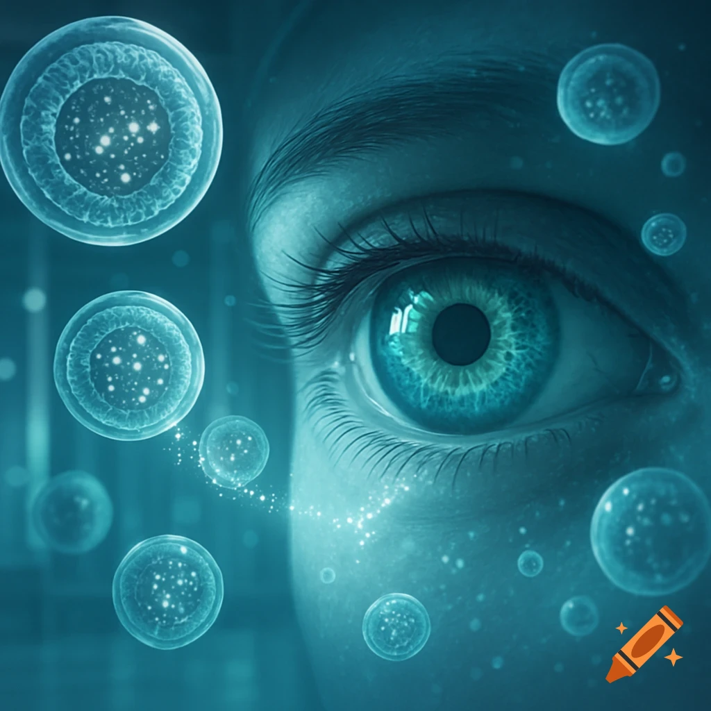 Close-up of a human eye with glowing blue cells and particles floating in a dark, stylized biological setting.