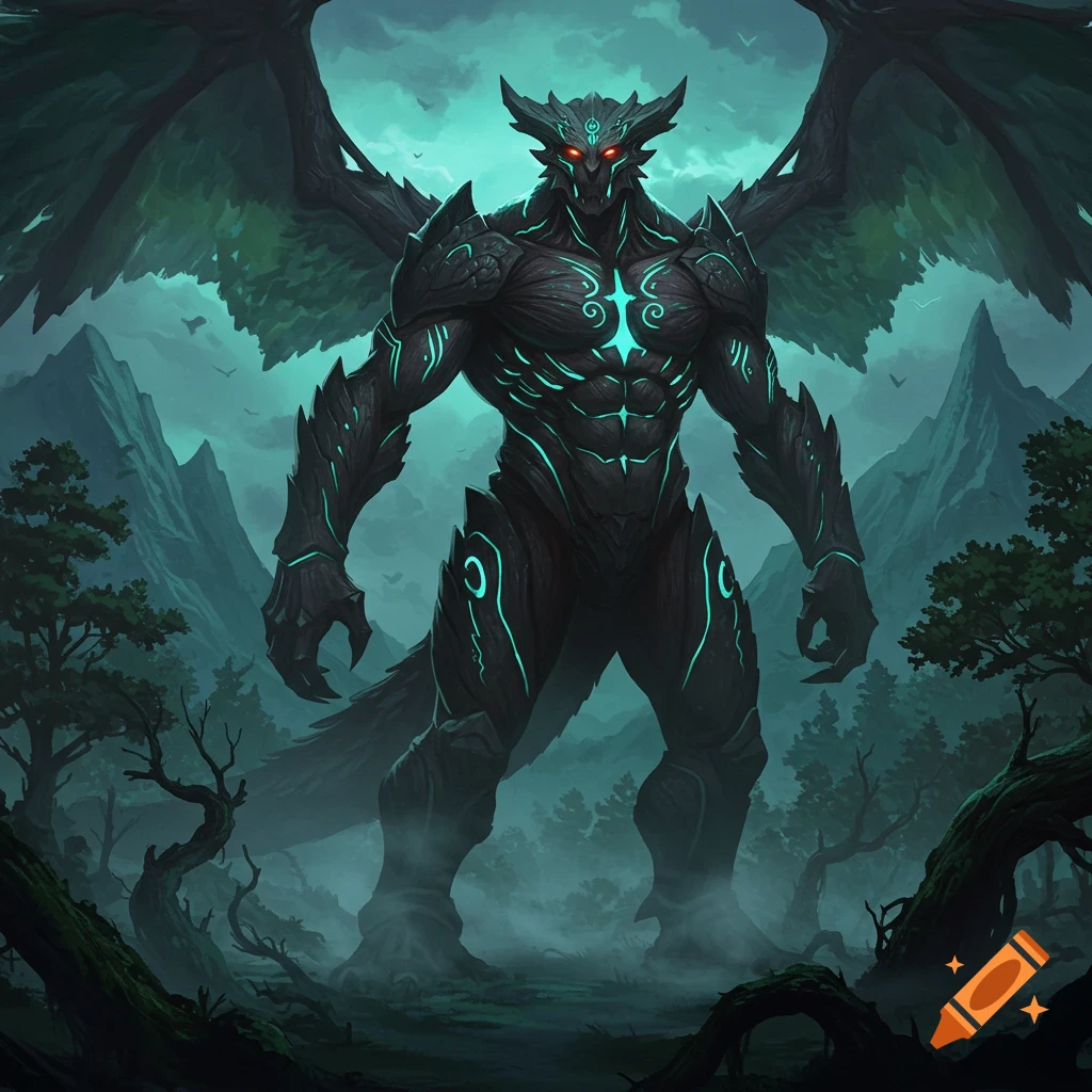 A dark, muscular fantasy shadow titan with large wings, glowing turquoise patterns, and red eyes stands in a misty forest.
