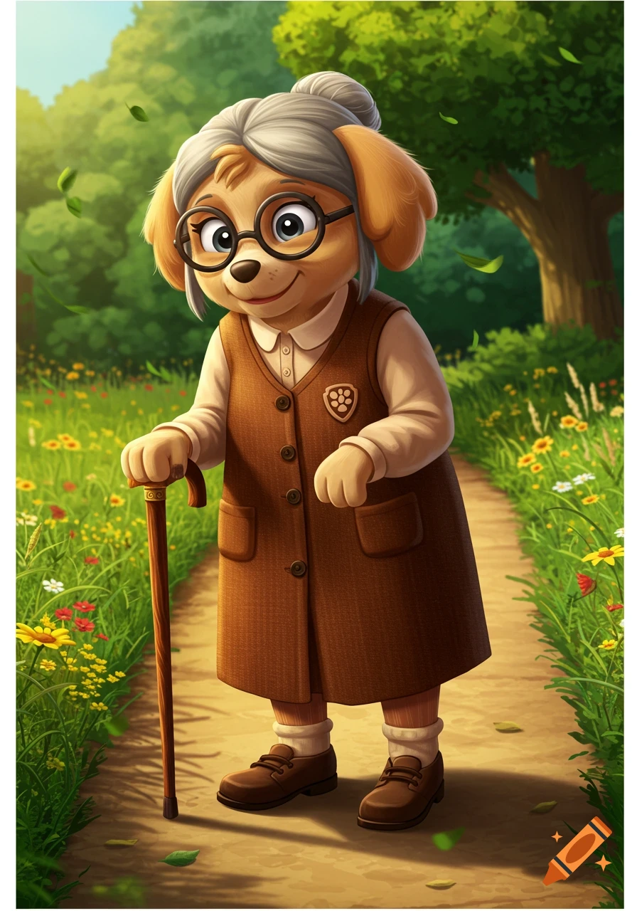 An elderly cartoon dog with a gray hair bun and glasses, wearing a brown vest-dress, walks on a dirt path with a cane, surrounded by green grass and wildflowers.