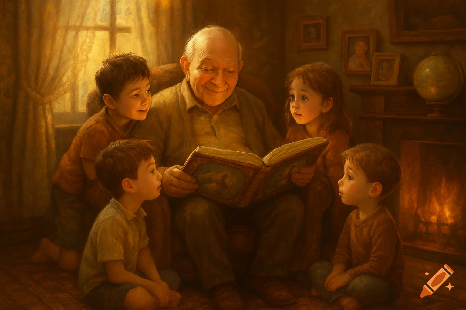 A bald grandpa reads a book to four attentive children in a warm, softly lit room with a fireplace, in a painterly style.
