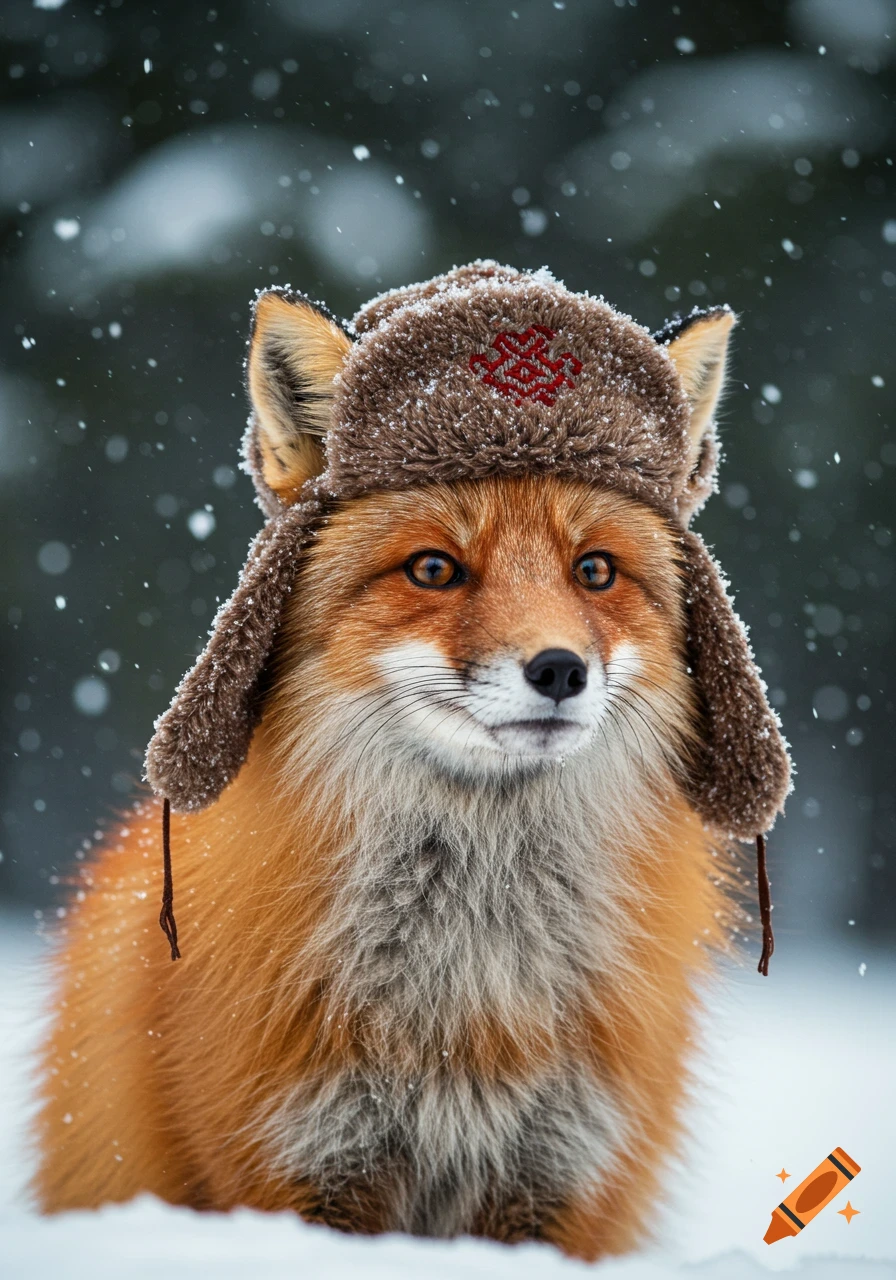 A cute red fox wearing a fuzzy brown Slavic-style hat stands in falling snow with a blurred forest background, looking directly forward. Photorealistic.