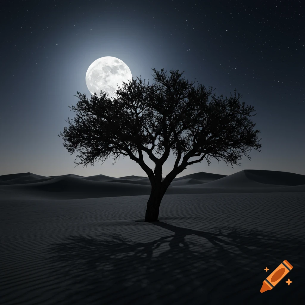 Silhouette of a mesquite tree in a desert under a large full moon and starry night sky.