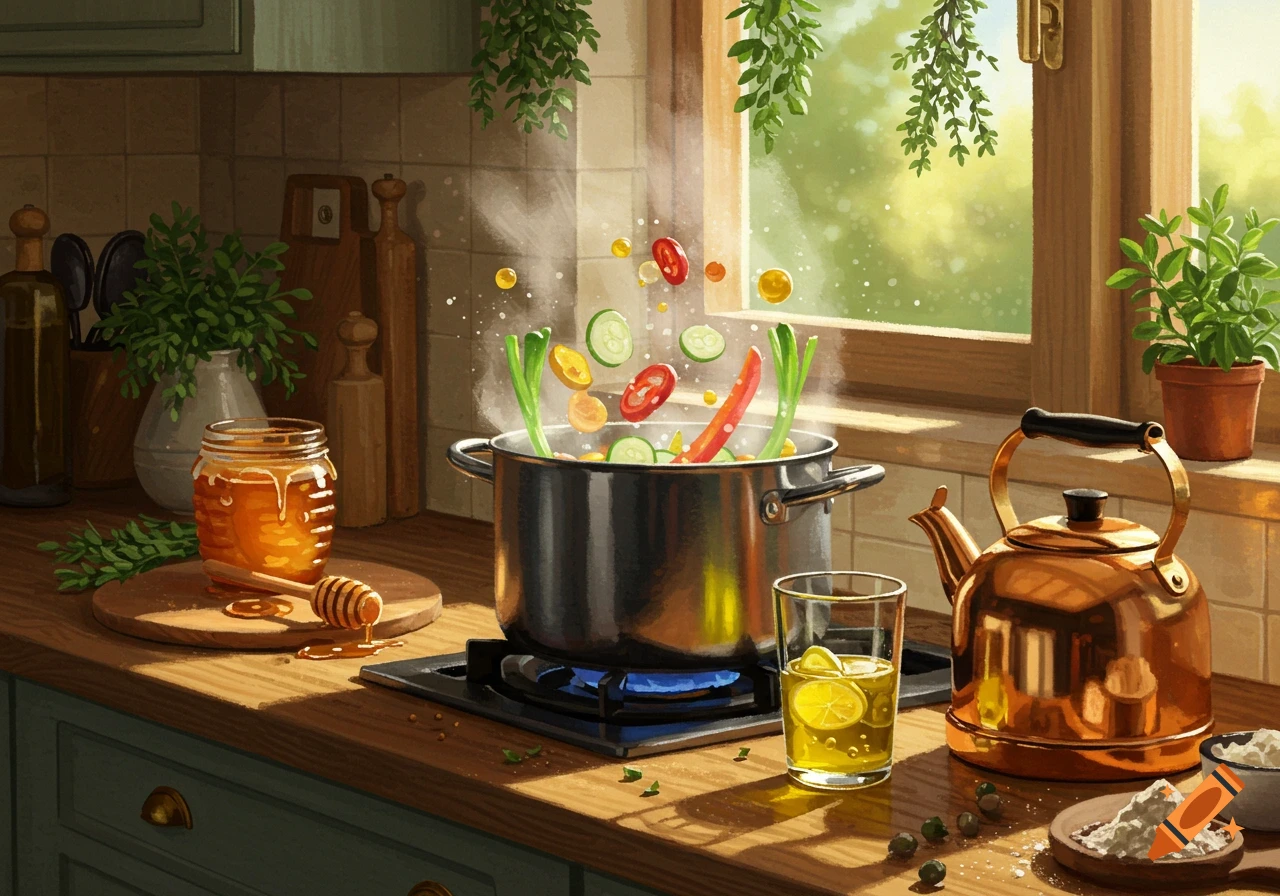 Vibrant illustration of vegetables flying into a steaming pot on a sunlit kitchen counter with honey and a copper kettle.