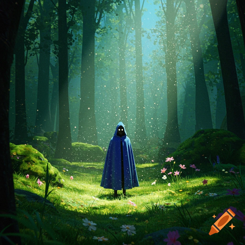 A mysterious cloaked figure with glowing eyes stands in a sun-dappled, luminous forest with small flowers on the mossy ground. Stylized art.