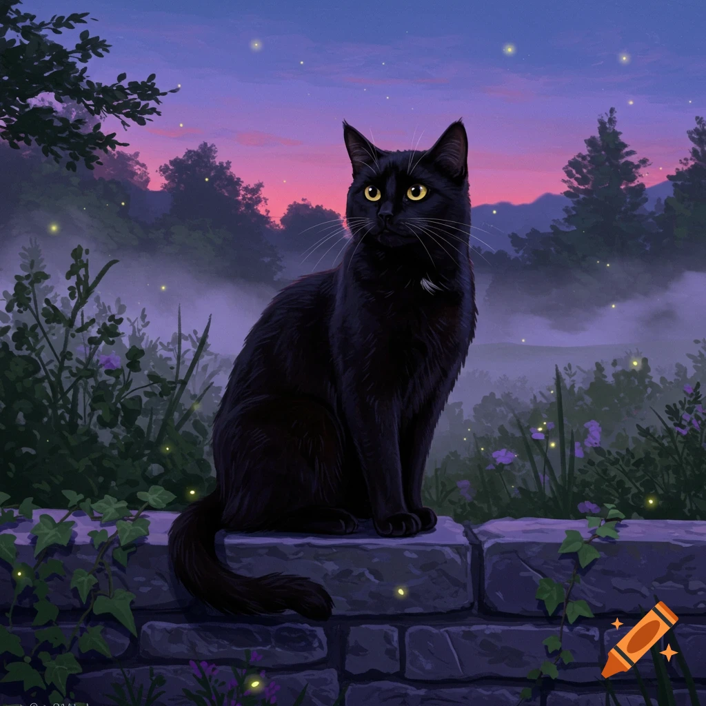 A black cat with yellow eyes sits on a stone wall in a misty twilight garden with fireflies. Digital art.