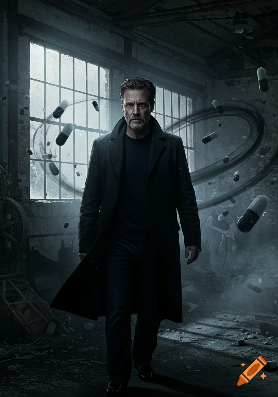 A man in a dark coat walks through a derelict industrial building with pills floating around him, photorealistic style.
