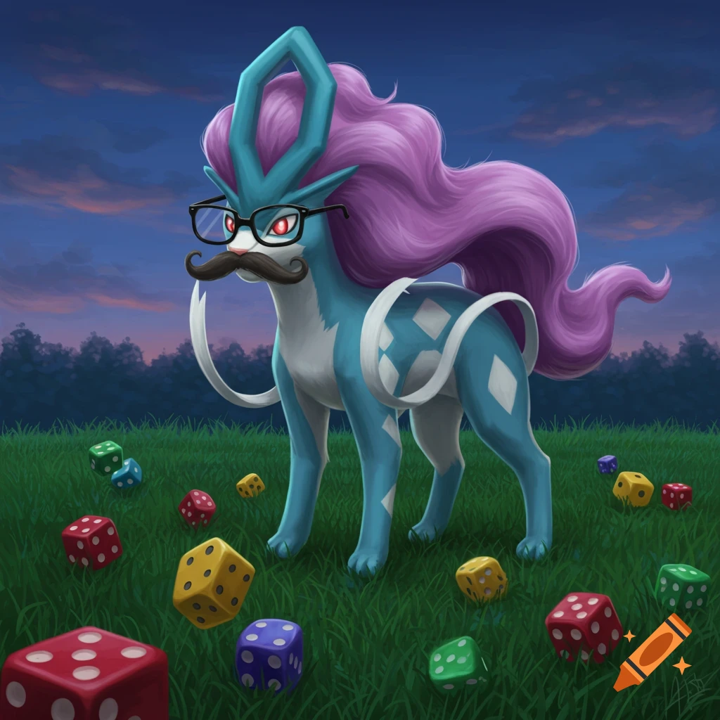 A Suicune Pokemon wearing black glasses and a mustache stands in green grass, surrounded by scattered colorful dice.