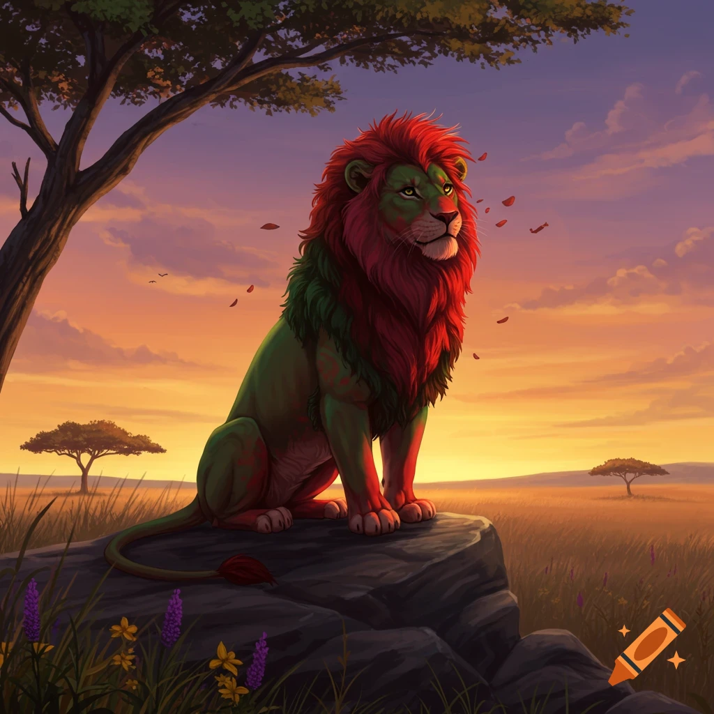 A stylized lion with red and green fur sits on a rock in a savanna at sunset.