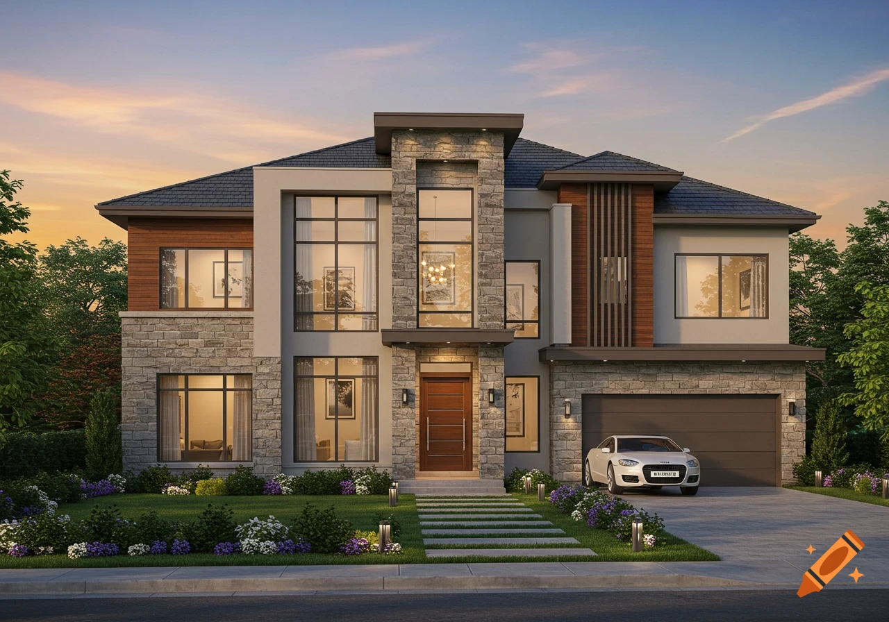 Photorealistic modern two-story house with stone and wood accents, manicured lawn, and a white car in the driveway under a sunset sky.