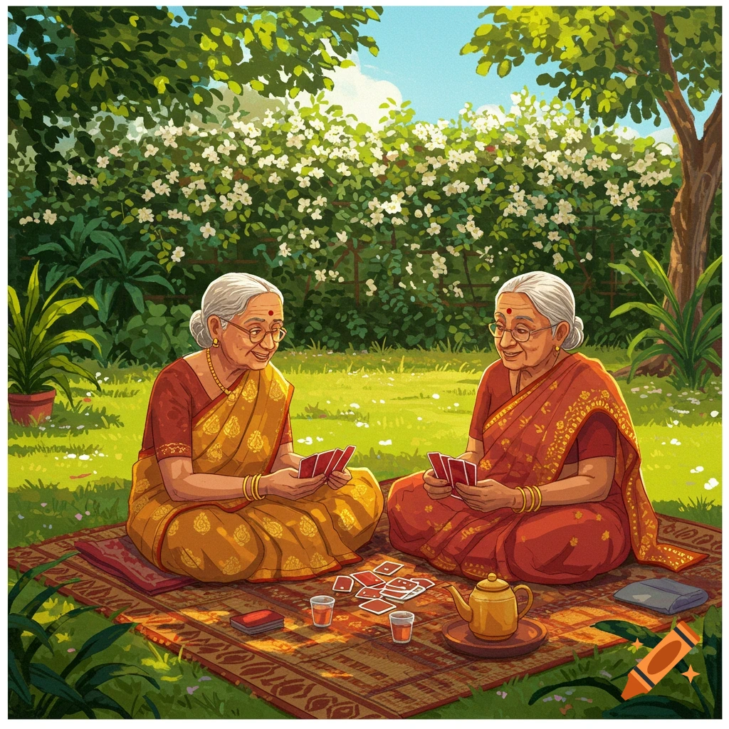 Two elderly Indian women in saris play cards on a mat in a sunny garden, illustrated style.