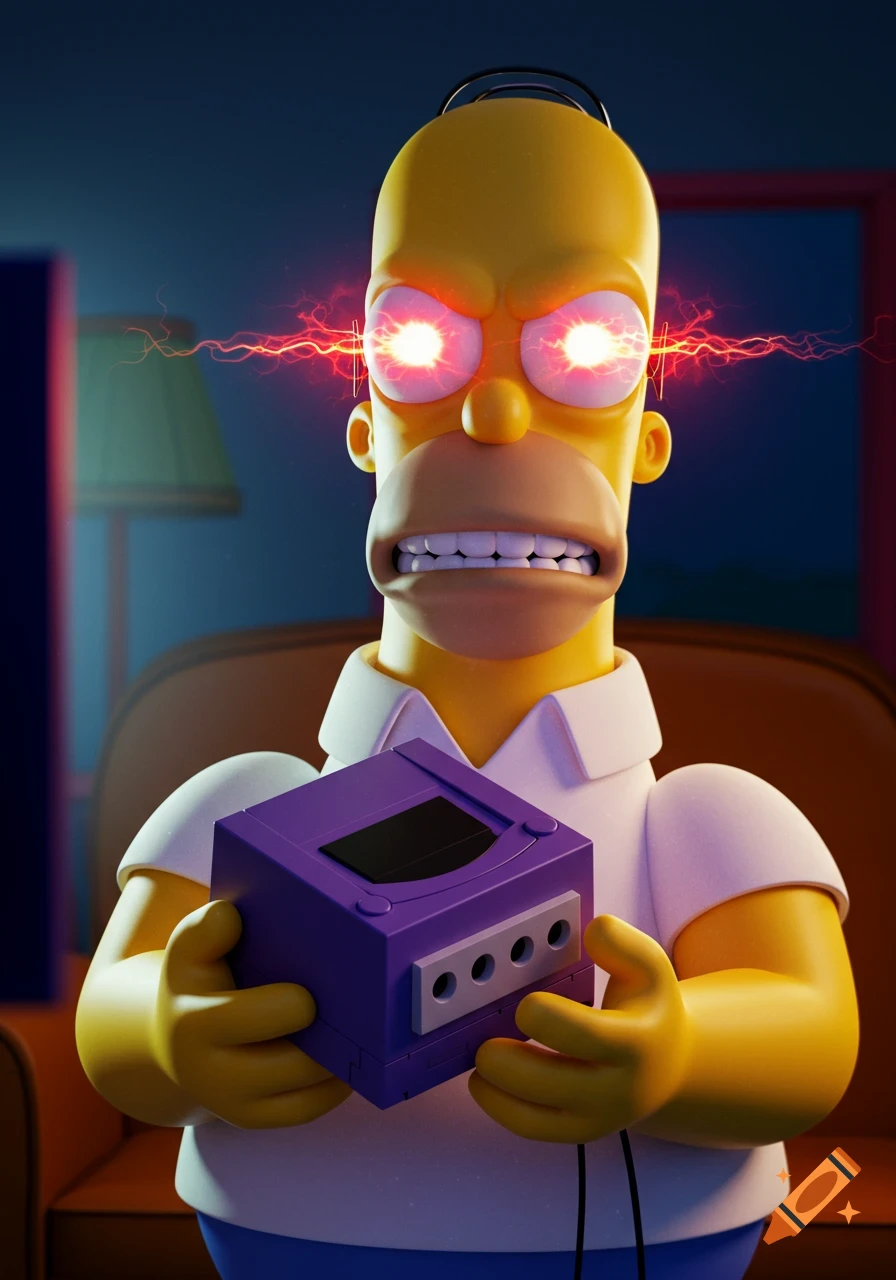 An angry 3D render of Homer Simpson with glowing red eyes and lightning, holding a purple GameCube console.