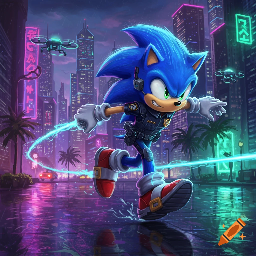 Sonic the Hedgehog in a police uniform runs through a neon-lit cyberpunk city at night with drones flying overhead.