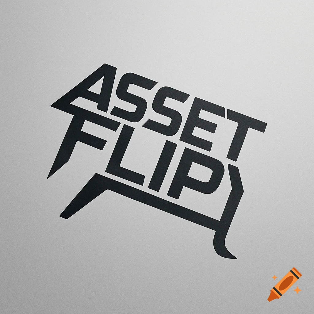 A black and dark gray logo for 'ASSET FLIP' with a dynamic, tilted block letter design on a textured light gray background.
