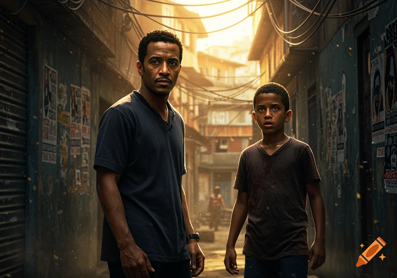 Photorealistic image of a serious Black man and a young boy standing in a narrow, sunlit urban alleyway.