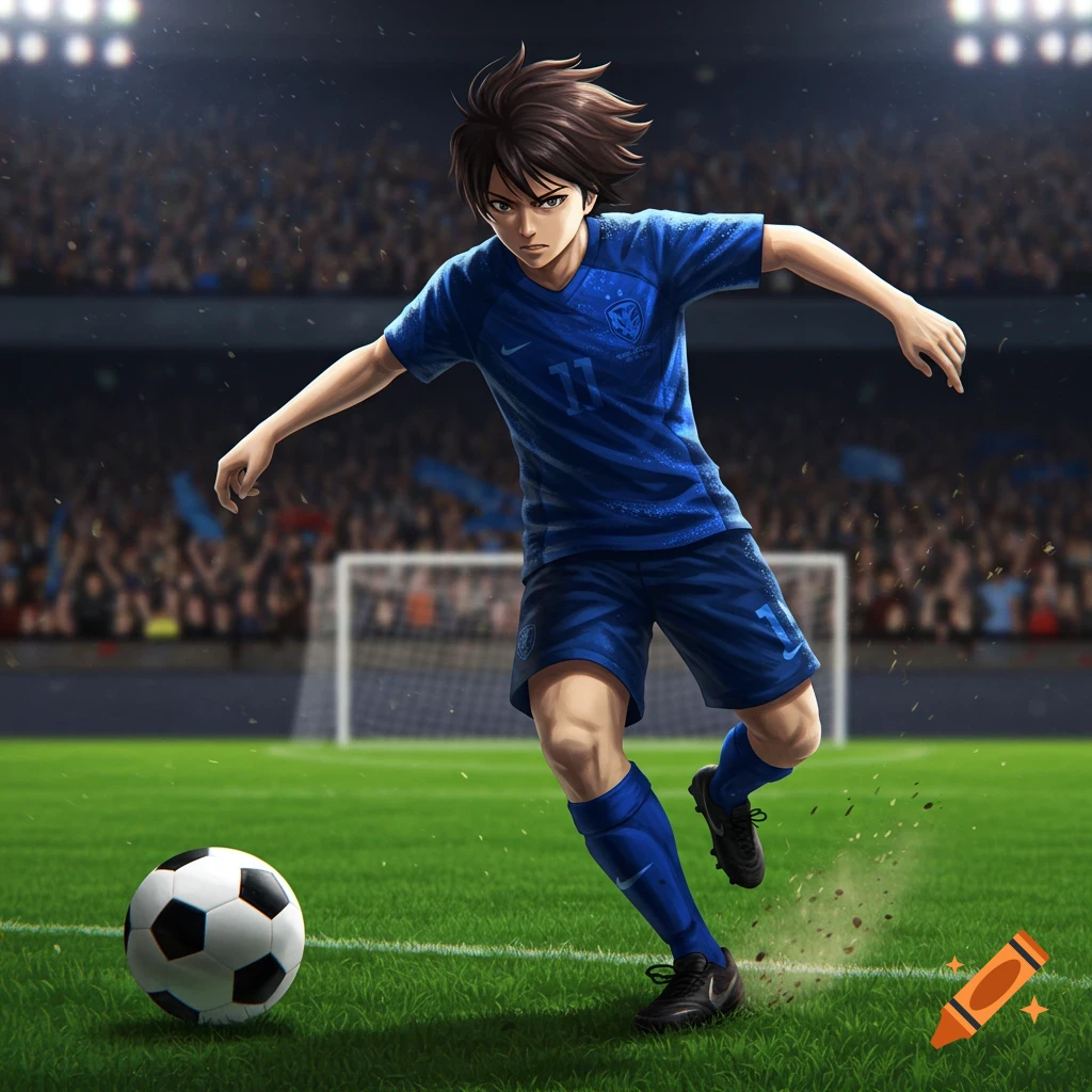 Anime-style male soccer player in blue uniform dribbling a ball on a stadium field.