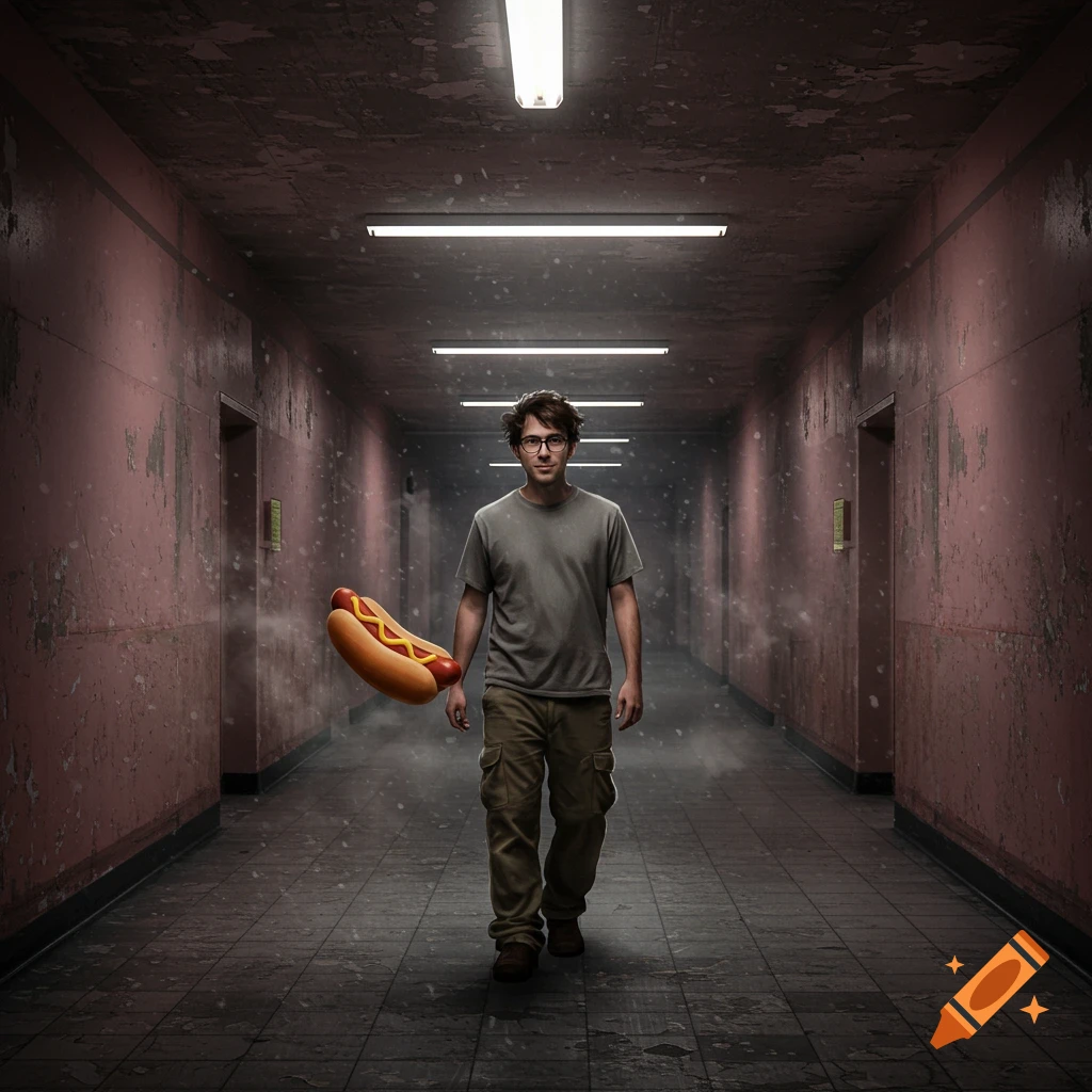 A man in glasses, a grey t-shirt, and cargo pants walks down a dirty pink hallway, carrying a floating hotdog balloon.