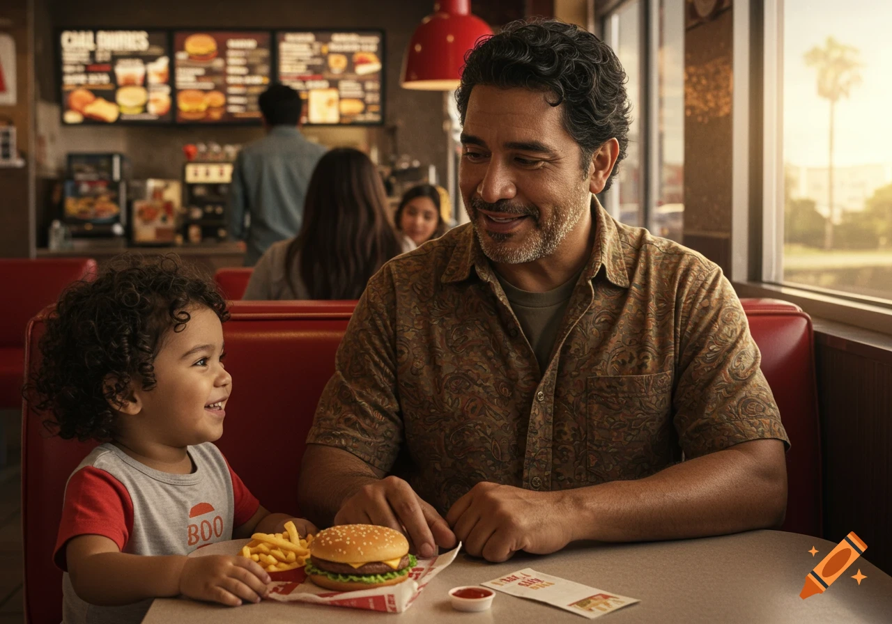 A Latino father smiles at his young son, who sits happily with a burger and fries in a bright fast food restaurant.
