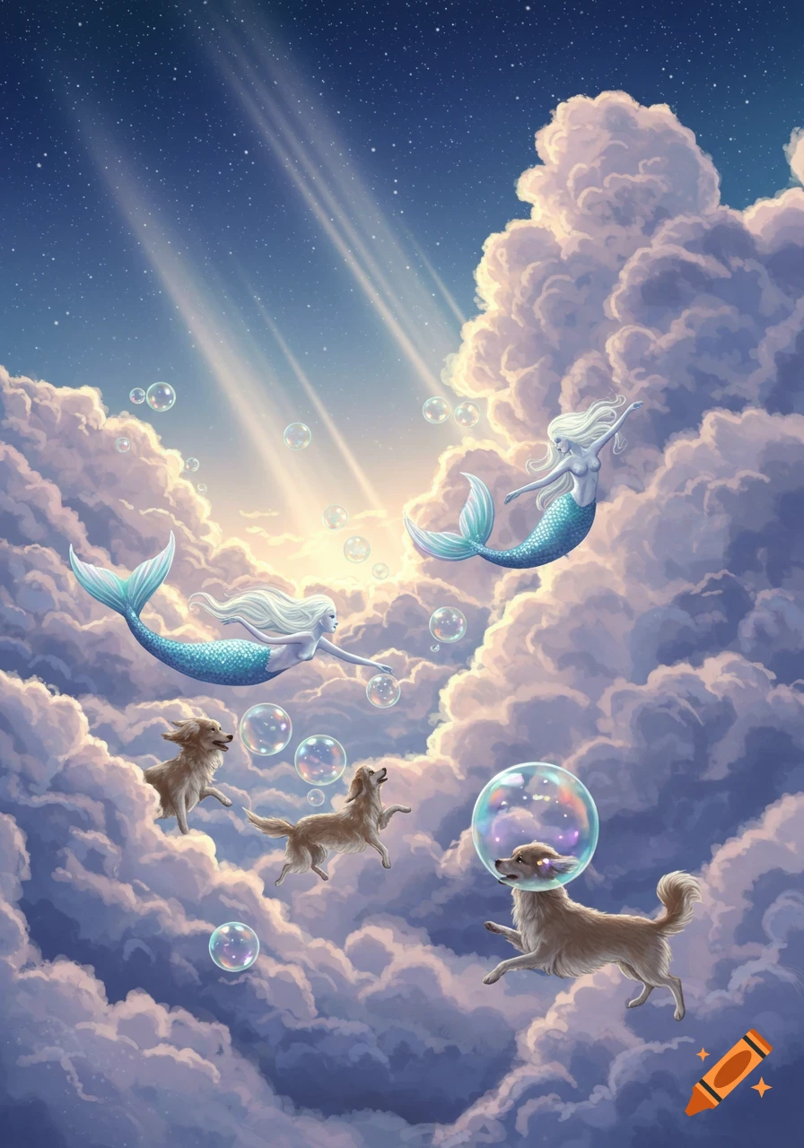 Two mermaids and three golden dogs float through whimsical clouds and bubbles in a starry, sun-kissed sky, in a fantasy illustration.