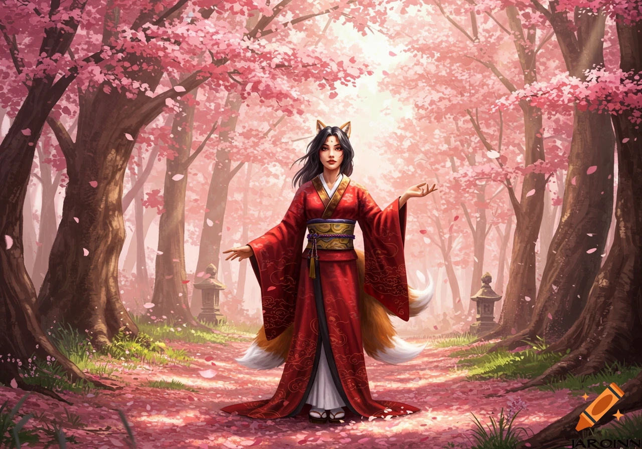 A beautiful Kitsune woman in a red kimono stands in a vibrant cherry blossom forest with falling petals.