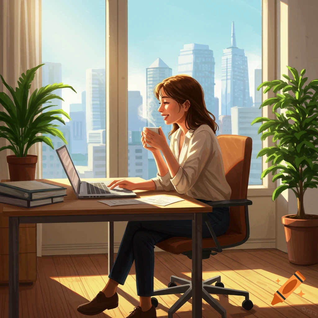 An illustrated smiling woman sips coffee while working on a laptop at a desk by a window with a city view.