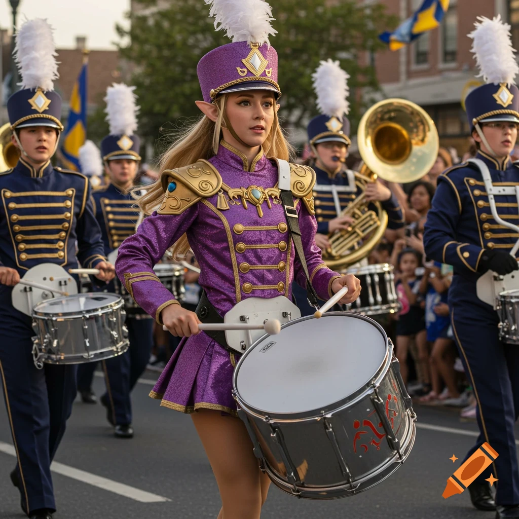Princess Zelda as a drum majorette in a purple and gold uniform with a shako cap and elf ears, playing a bass drum in a marching band parade.