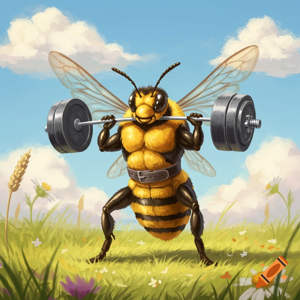 A muscular, anthropomorphic bee squats in a grassy field, holding a heavy barbell across its shoulders under a sunny, cloudy sky.