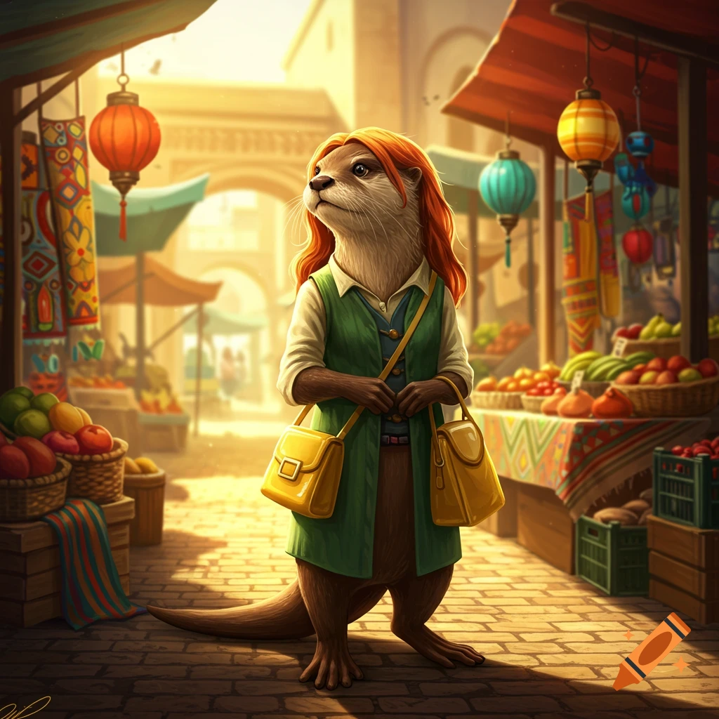 Anthropomorphic otter woman with red hair, green vest, and yellow handbags in a vibrant market scene, illustration.
