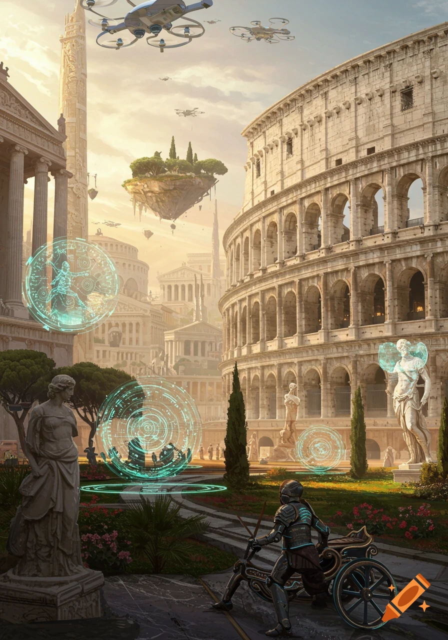 A futuristic Roman city with ancient architecture, drones, floating islands, and a person in sci-fi armor with a chariot.