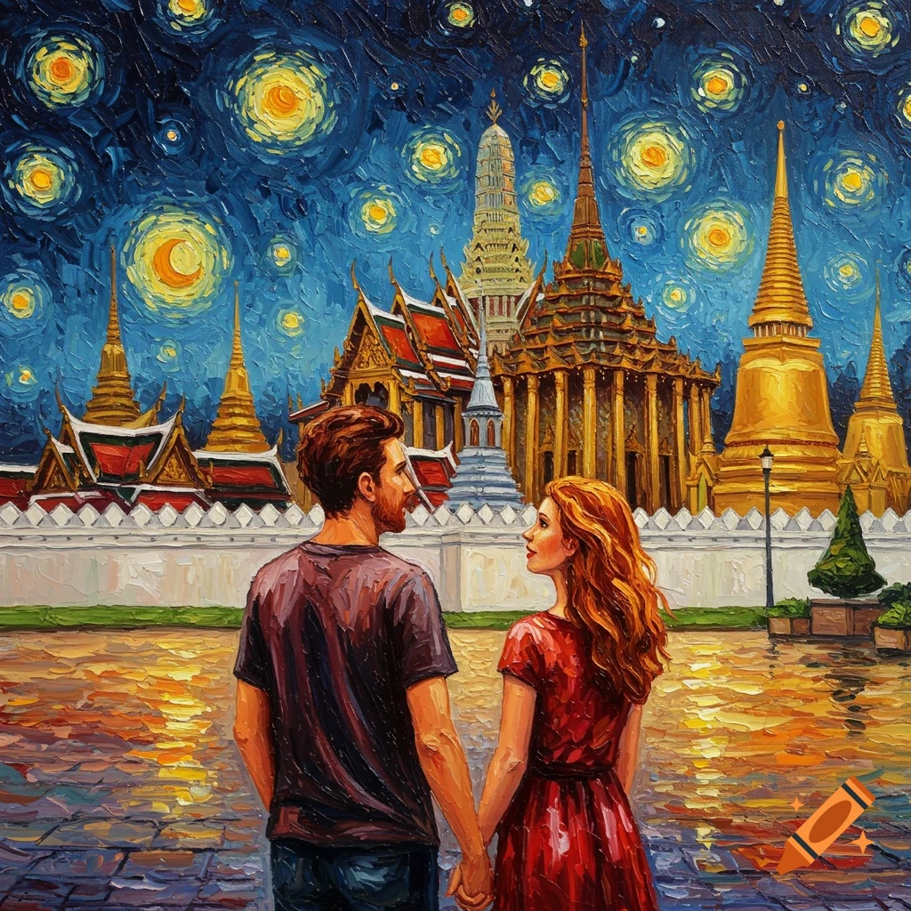 A couple holding hands, viewed from behind, looking at ornate Thai temples under a starry, Van Gogh-esque sky.